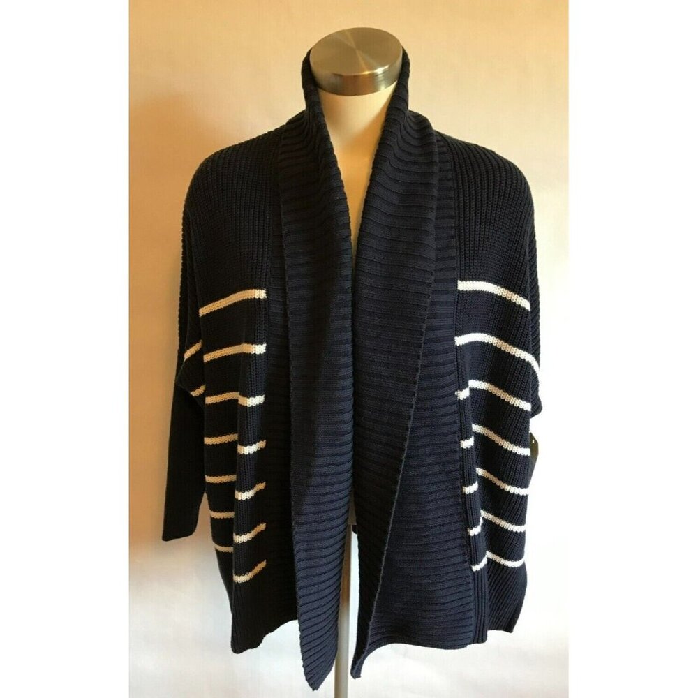 Athleta Navy Blue & White Striped Heavyweight Open Front Cardigan, Size XXS